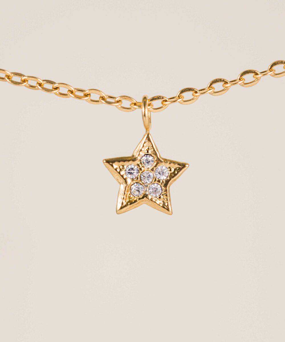La cadena estrella Ziggy es una cadena fina en color dorada con un charm de estrella con circonitas blancas incrustadas, una joya de mujer perfecta.